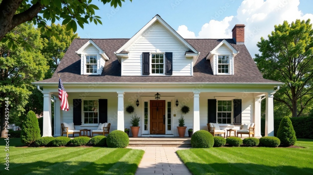 Obraz premium Classic White Suburban Home with Front Porch and American Flag