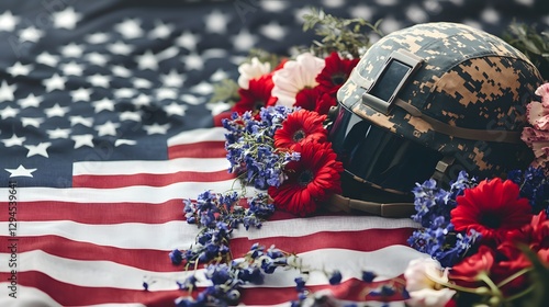 Military Helmet Surrounded by Flowers on American Flag Background