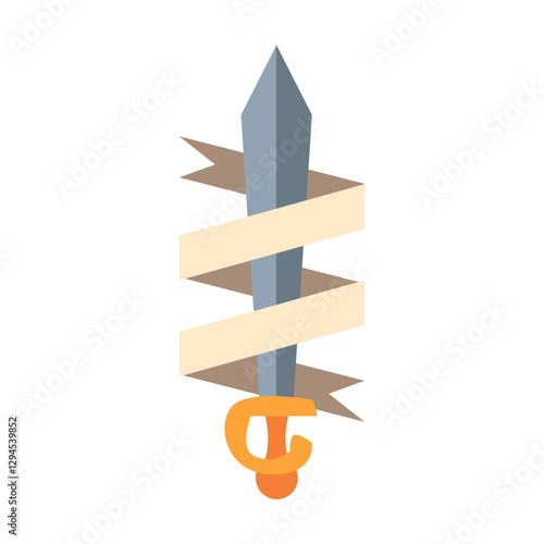 Flat vector illustration of a medieval sword wrapped with a beige ribbon, symbolizing heroism, battle, and fantasy weaponry in a minimalist style