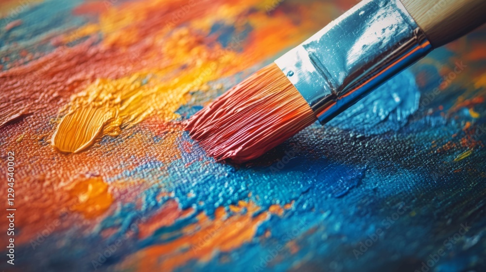 Fototapeta premium A close-up view of a paintbrush vividly blending vibrant hues on canvas, capturing artistic expression and creativity.