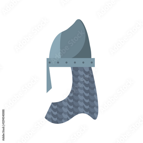 Flat vector illustration of a medieval warrior helmet with chainmail protection, representing historical armor worn by knights in battles and crusades