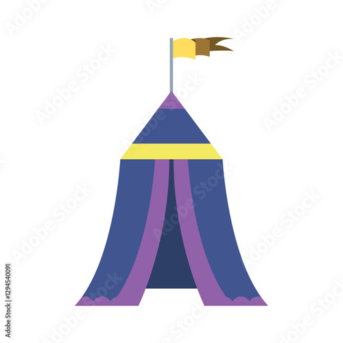Flat vector illustration of a colorful medieval royal tent with flag, representing a historical pavilion used in fairs, festivals, and knight camps