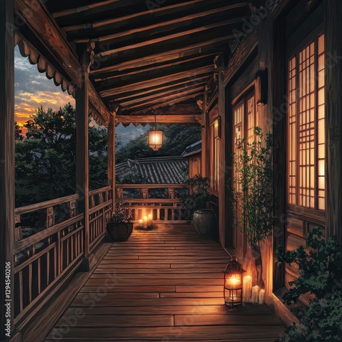 A traditional wooden building with a veranda and a view photo