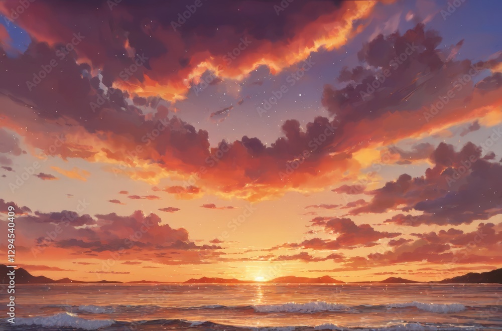 夕日の美しい景色、アニメ調 夕日の美しい景色、アニメ調
