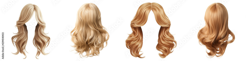 Fototapeta premium Set of a blond wig with wavy hair, isolated on a transparent background.