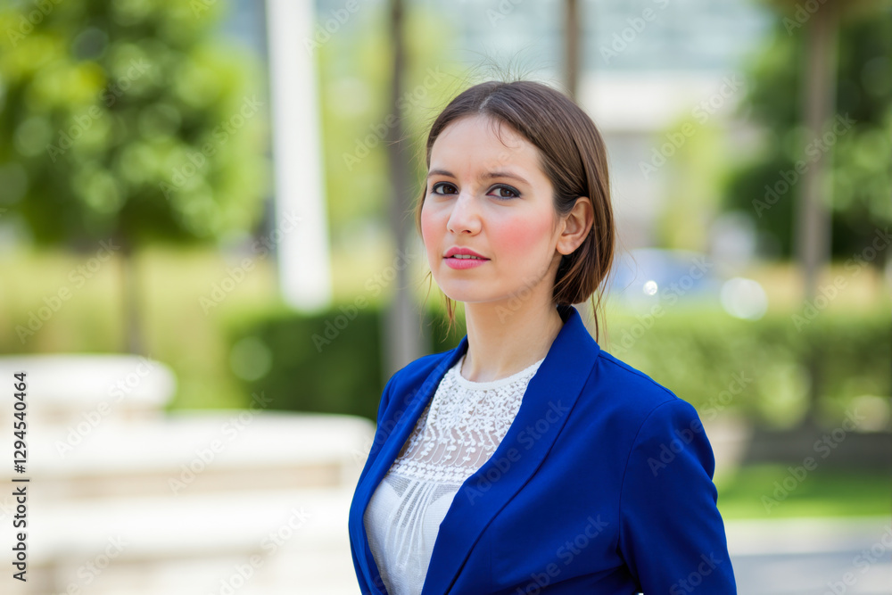 Businesswoman posing outdoors in a park wearing a blue blazer Businesswoman posing outdoors in a park wearing a blue blazer