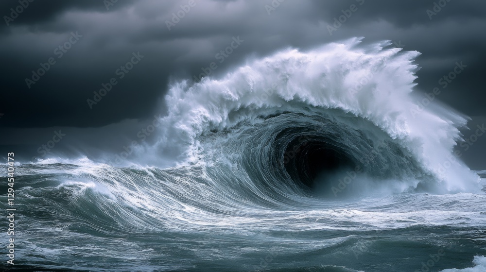 A massive ocean wave crests dramatically under stormy skies, full of power. A massive ocean wave crests dramatically under stormy skies, full of power.