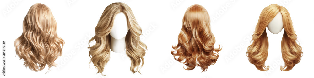 Set of a blond wig with wavy hair, isolated on a transparent background. Set of a blond wig with wavy hair, isolated on a transparent background.