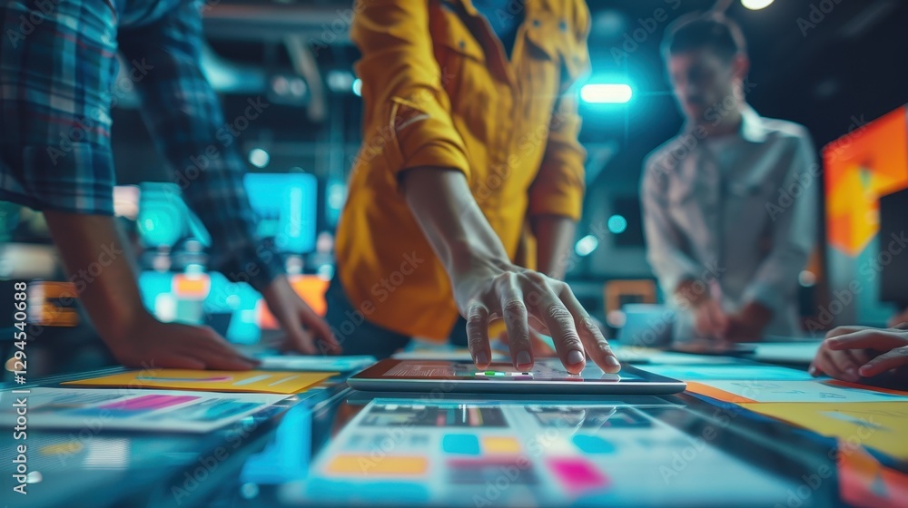 Team collaborating on digital project, interactive table display with vibrant graphics, fostering innovation in modern workspace. Team collaborating on digital project, interactive table display with vibrant graphics, fostering innovation in modern workspace.