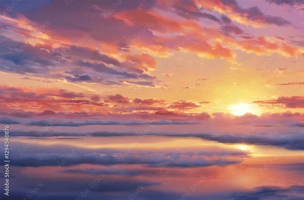 夕日の美しい景色、アニメ調 夕日の美しい景色、アニメ調