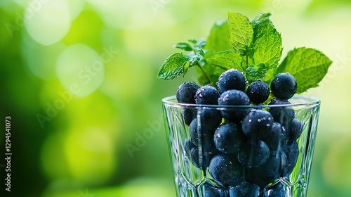 A transparent glass is filled with dark purple grapes, topped with green mint leaves, set against a green background, making it an excellent choice for healthy food, fresh produce 
