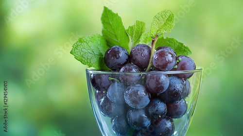 Dark purple grapes fill a transparent glass, with green mint leaves on top, against a green backdrop, which is perfect for promoting fresh fruits, healthy snacks, and natural food concepts.