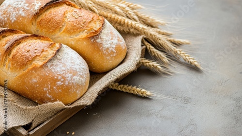 Fresh sourdough bread loaves in a wooden tray with wheat stalks