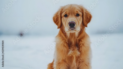 Golden Retriever Puppy Sitting in Snowy Landscape on a Winter Day