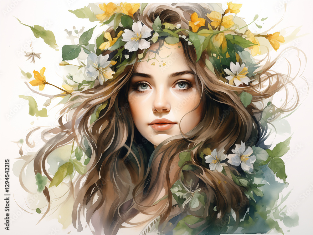Fototapeta premium A young woman with loose hair decorated with bright flowers, embodying spring, tranquility and the beauty of nature. The concept of peace and happiness.