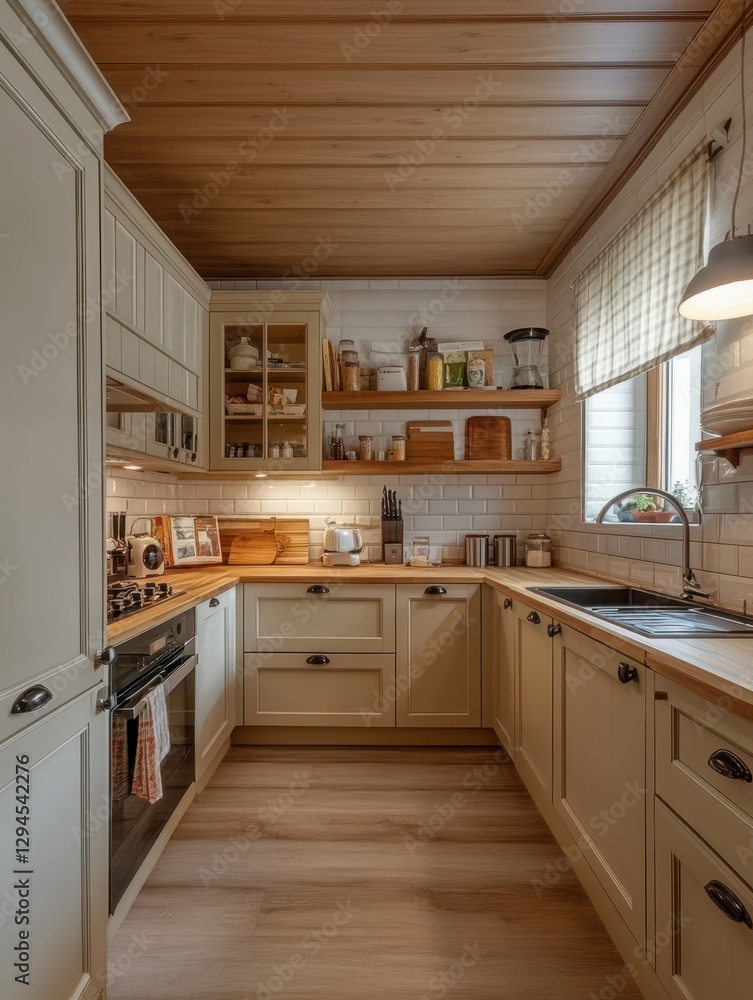 Fototapeta premium A cozy kitchen with light wood and neutral tones
