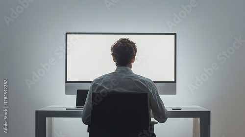 A person sits at a desk facing a computer with a bright white screen, with their back towards the camera, which can be associated with moments of focused work, contemplation