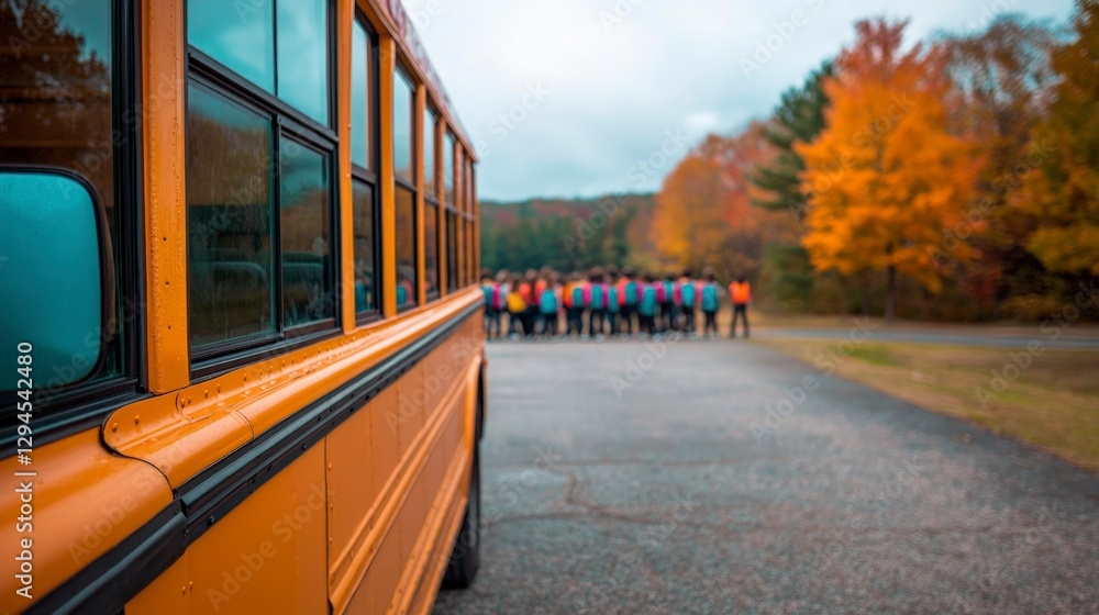 Fototapeta premium School Bus Students Autumn Fall Education Transportation Road Trees Yellow Bus Ch