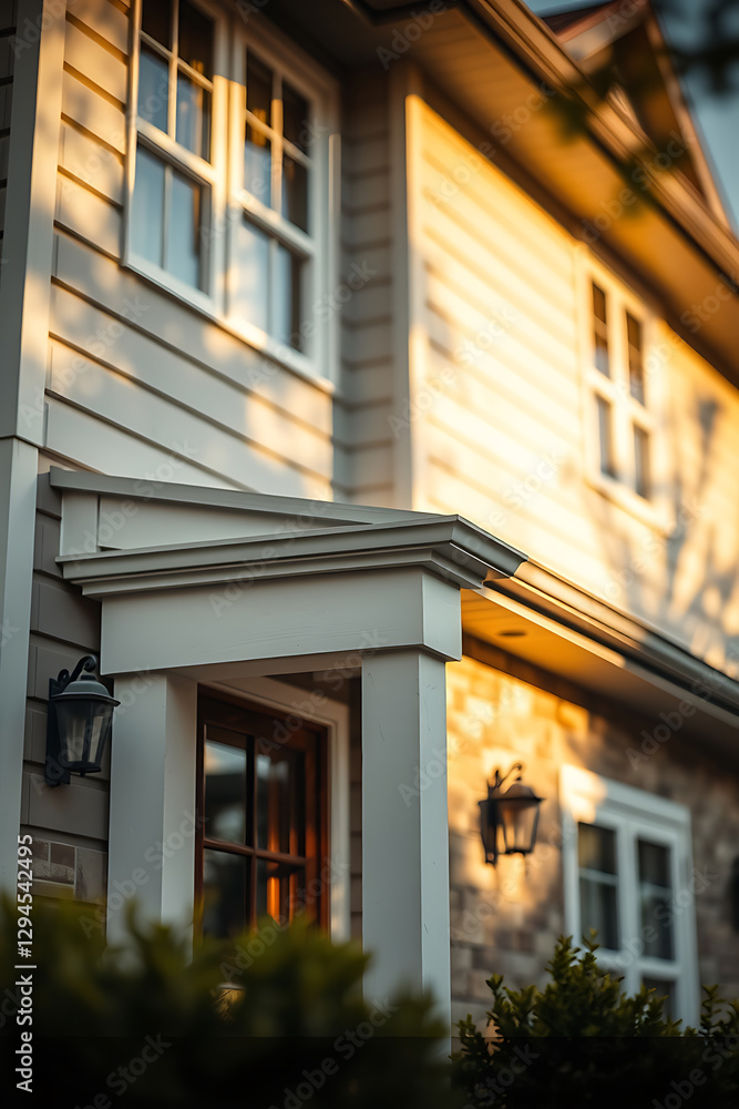 Captivating Golden Hour View of a House Exterior: Architectural Details and Warm Evening Light Captivating Golden Hour View of a House Exterior: Architectural Details and Warm Evening Light