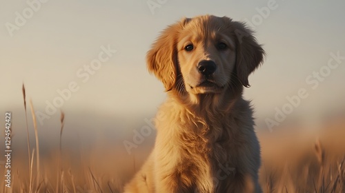 Adorable Golden Retriever Puppy Sitting in Field at Sunset
