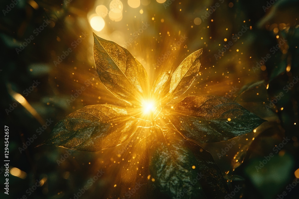Fototapeta premium Golden sunlight illuminates lush green leaves, creating a magical, ethereal glow in nature.