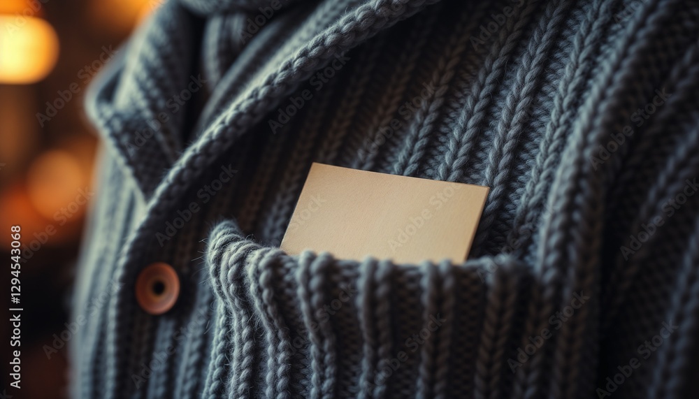 Knitted sweater with blank card in pocket on warm, cozy background