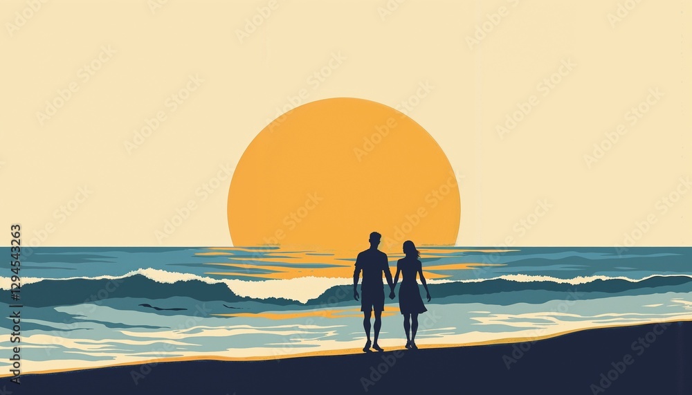 Silhouette of couple walking on beach during sunset with vibrant orange sun and waves