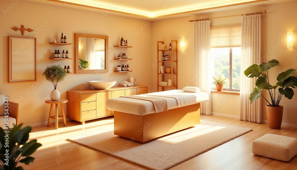 Relaxing massage room interior with wooden furniture, large window, and soothing decor