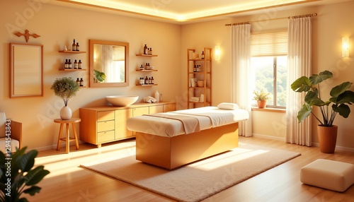 Obraz na płótnie Relaxing massage room interior with wooden furniture, large window, and soothing decor
w salonie