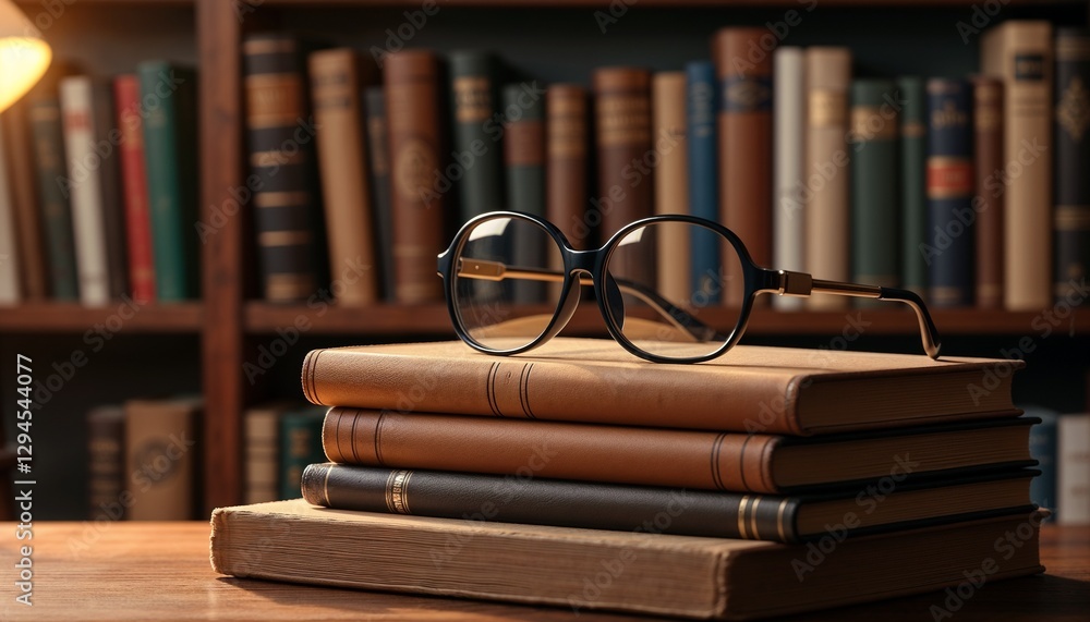 Vintage glasses resting on stacked leather books in cozy library setting