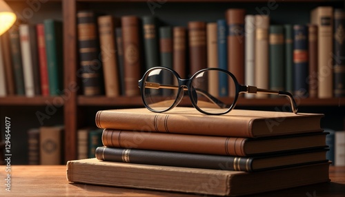Obraz na płótnie Vintage glasses resting on stacked leather books in cozy library setting w salonie