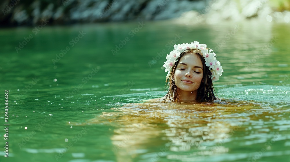 Serene Woman in Flower Crown Floating in Crystal Clear Water Serene Woman in Flower Crown Floating in Crystal Clear Water