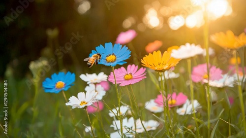 Serene Meadow  Bee  Wildflowers  Golden Sunlight  Spring Bloom  Nature Photography