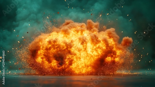Fiery explosion, dark background, sparks, impact