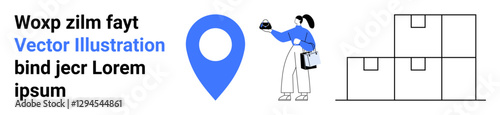 Woman scanning package beside a location pin and stacked boxes, highlighting logistics, delivery, shipping, supply chain, organization, warehousing, and coordination themes. Ideal for websites or