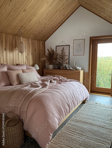 A beautiful cozy bedroom with soft pink hues and pillows photo