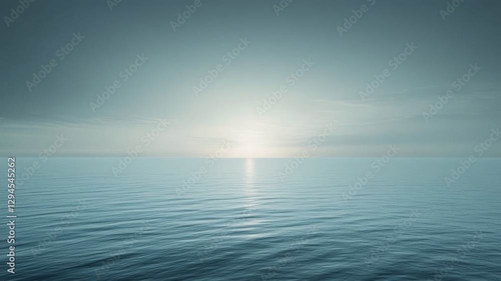 Obraz premium Endless horizon over calm teal waters, misty sky enhancing the serene and infinite beauty of the ocean stretching to the sunlit distance.