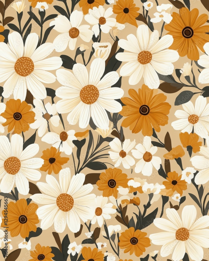 White and Orange Daisy Pixelated Floral Pattern on Beige White and Orange Daisy Pixelated Floral Pattern on Beige