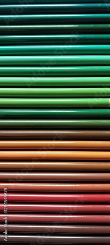 Close-up of neatly stacked colored pencils arranged in a gradient from green to brown and red tones. 
The glossy texture reflects light, creating a visually appealing pattern.
