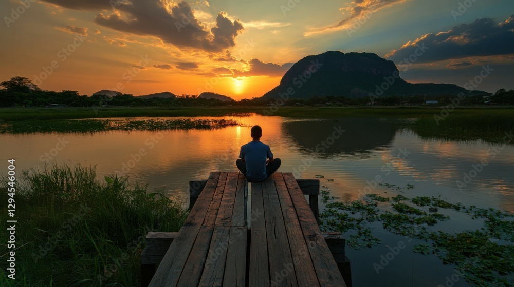 Fototapeta premium Lonely man sitting at wooden bridge with beautiful romantic golden sunset at pond. Fantastic vivid twilight at Sam Roi Yod National Park, Prachuap Khirikhan, Thailand.