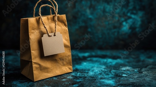 Brown paper shopping bag with tag on dark blue background photo