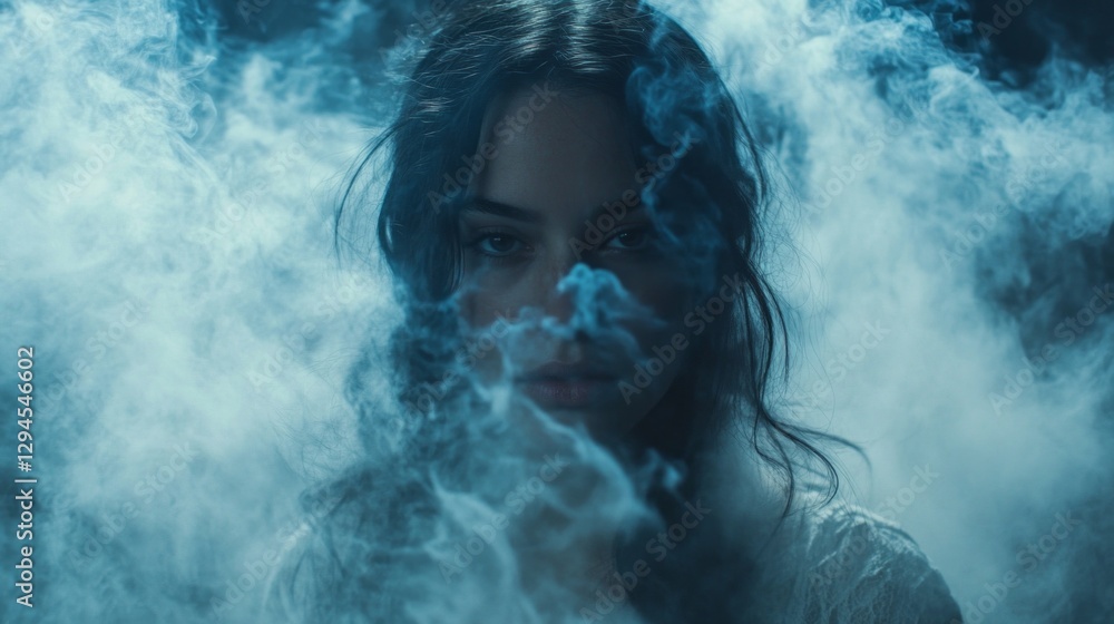 A mysterious person gazes intensely through swirling blue fog, revealing a sense of intrigue and depth. Ethereal light enhances the captivating atmosphere, evoking emotion A mysterious person gazes intensely through swirling blue fog, revealing a sense of intrigue and depth. Ethereal light enhances the captivating atmosphere, evoking emotion