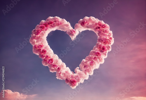Heart made from clouds with rose flowers