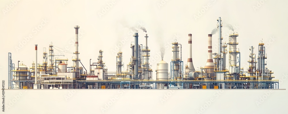 Obraz premium A panoramic view of a modern oil refinery showcasing towering structures and intricate design against a muted backdrop.