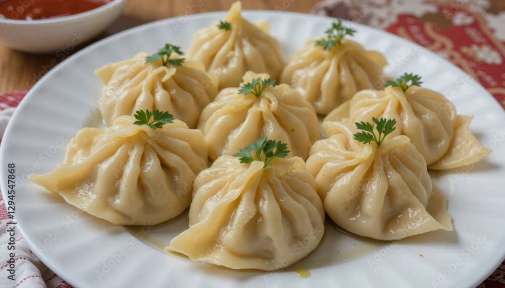 A plate of dumplings with parsley on top A plate of dumplings with parsley on top