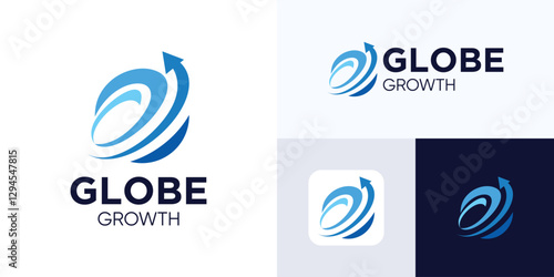 Globe logo icon design with arrow sign, Sphere vector illustration, Global growth business or logistics, Symbol planet or astrology for marketing, technology, finance, innovation and identity company