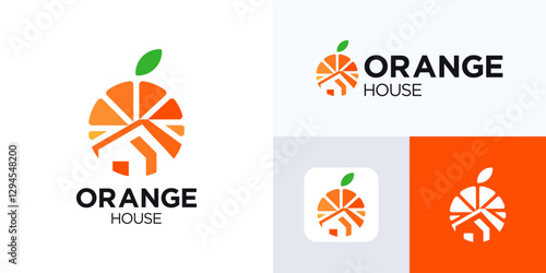 Orange house logo design, Logo combines the imagery of an orange slice and a house silhouette, Home with fresh leaf icon, usable for fresh drink business and fruit juice or business identity.
