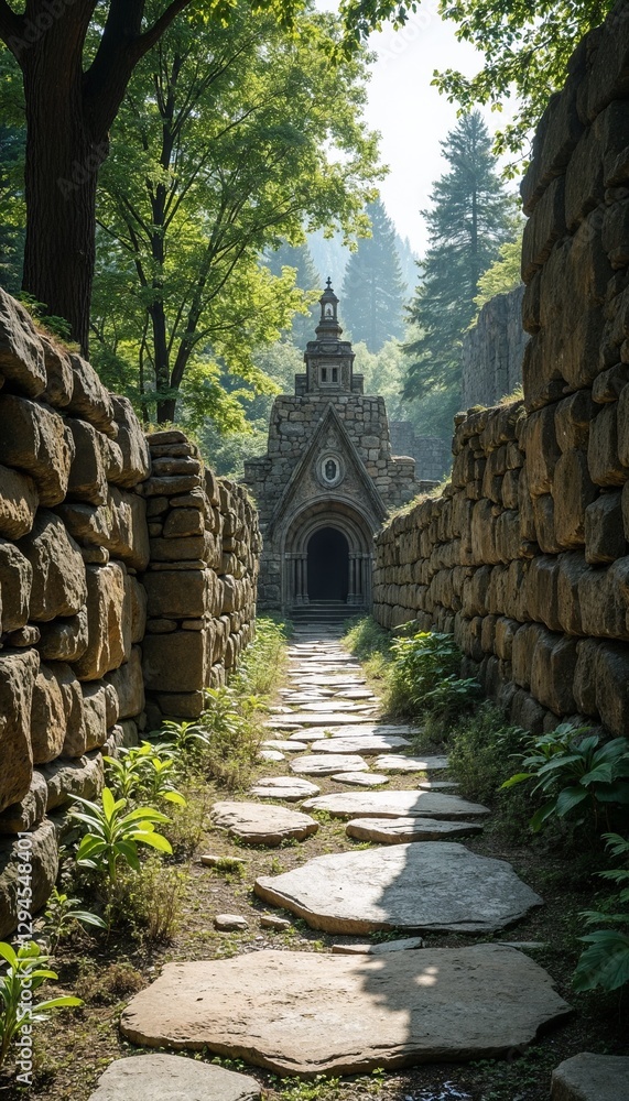 Naklejka premium Scenic pathway leading to an ancient stone chapel surrounded by lush greenery