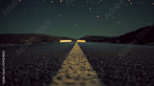 A long, empty road stretches into the night under a starlit sky, with distant headlights glowing on the horizon, evoking solitude and endless possibilities. photo