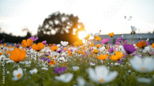 Serene Sunset Meadow  Vibrant Wildflower Field  Colorful Cosmos Flowers